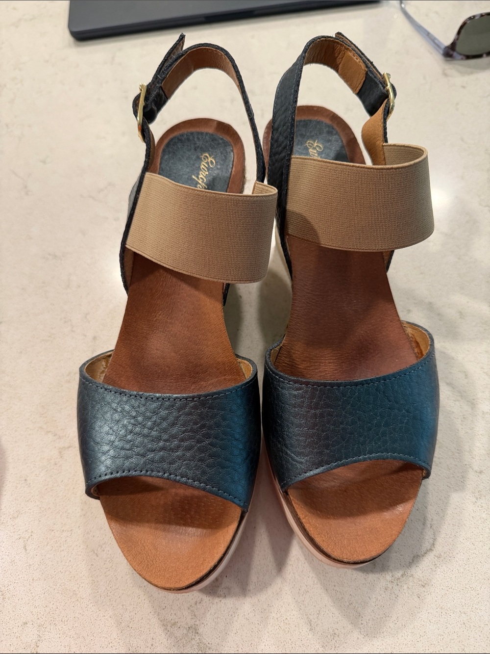 Womens Navy and Tan Wedge Sandals with Elastic Ankle Strap